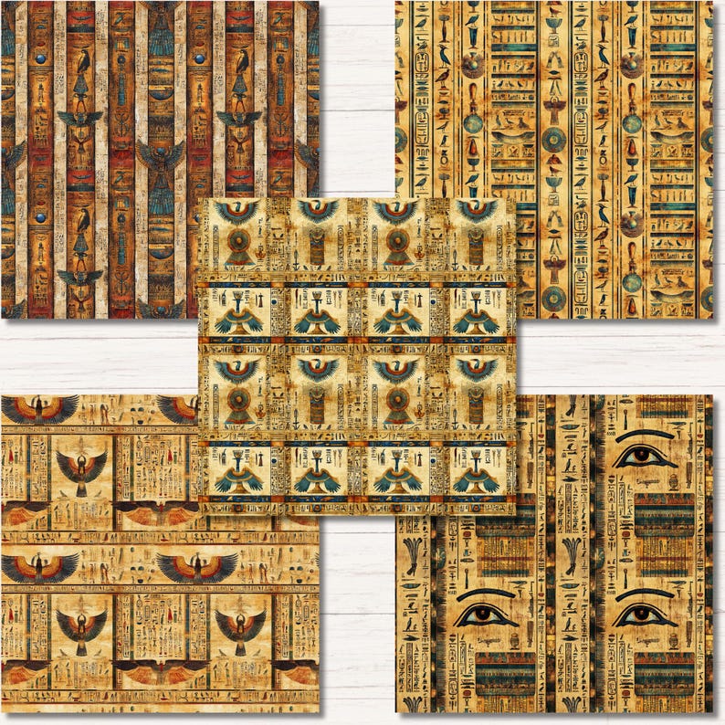 May include: A collection of five digital paper sheets featuring ancient Egyptian motifs. The patterns include vertical columns of hieroglyphics, winged scarabs, stylized birds, and large eyes, rendered in shades of gold, brown, blue, and black.