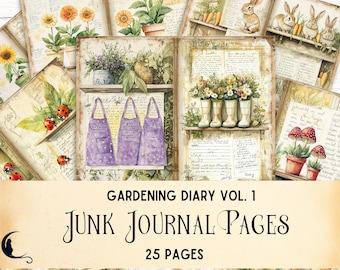 Gardening Diary Junk Journal Pages, Printable Vintage Botanical Ephemera, Digital Scrapbooking Paper, Seasonal Whimsical Crafting Supplies