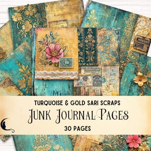 Vintage indische Sari Scraps Collage Junk Journal Seiten Antikes Sammelalbum, einzigartige druckbare Ephemera Indien Farben Muster Türkis Gold Spitze