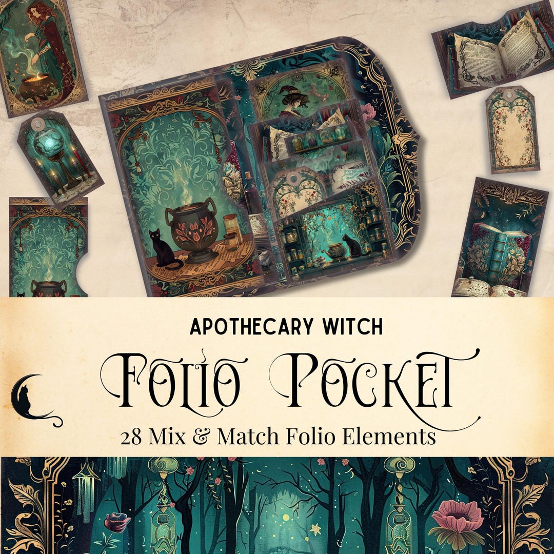 Apothecary Witch Junk Journal Folio Kit, Printable Art Deco Witch ...