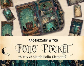 Apotheker Hexe Junk Journal Folio Kit, druckbare Art-Deco-Hexe, Printable Folio Kit, Petrol Hexe Papier, digitales Kit, Junk Journal Ephemera