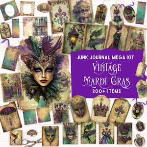 Mardi Gras Junk Journal Kit, afdrukbare opvouwbare foliokit, vintage maskerade ephemera, New Orleans carnaval seizoen plakboek, DIY