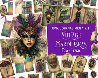 Mardi Gras Junk Journal Kit, Printable Folding Folio Kit, Vintage Masquerade Ephemera, New Orleans Carnival Season Scrapbook Paper, DIY