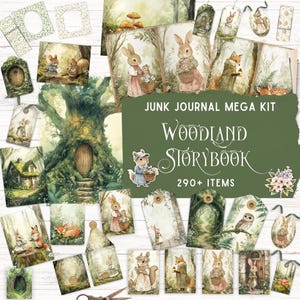 Può includere: Una collezione di elementi effimeri per junk journal a tema bosco. Le immagini presentano illustrazioni ad acquerello di conigli, volpi, scoiattoli e altre creature della foresta. Il kit include tag, pagine di diario ed elementi decorativi con il testo "Woodland Storybook" e "290+ Items."