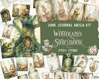 Woodland Storybook Junk Journal Kit, Printable Folio Pocket Kit, Vintage Cottagecore Spring Forest Animals Ephemera, Digital Scrapbook Paper