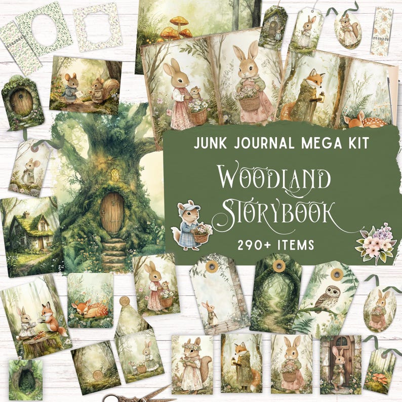 May include: A junk journal kit titled Woodland Storybook with 290+ items featuring watercolor illustrations of rabbits, foxes, owls, and deer in forest settings. The collection includes tags, cards, and paper sheets with nature motifs.