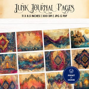 May include: A collection of digital junk journal pages featuring ornate architectural designs, intricate patterns, and vibrant watercolor textures in shades of blue, gold, and red. The text reads JUNK JOURNAL PAGES 11 X 8.5 INCHES 300 DPI JPG & PDF.