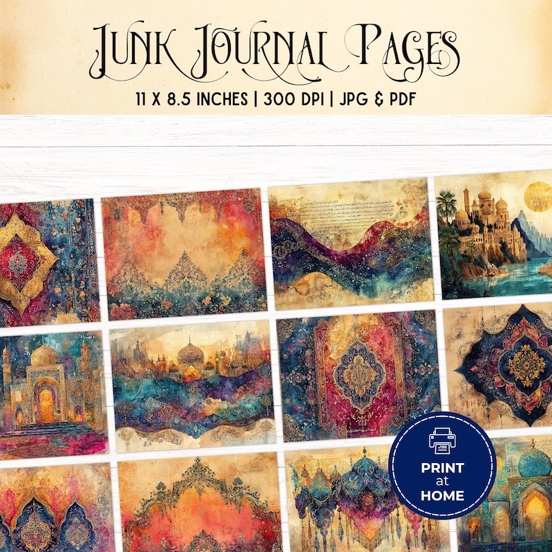 May include: A collection of digital junk journal pages featuring ornate architectural designs, intricate patterns, and vibrant watercolor textures in shades of blue, gold, and red. The text reads JUNK JOURNAL PAGES 11 X 8.5 INCHES 300 DPI JPG & PDF.