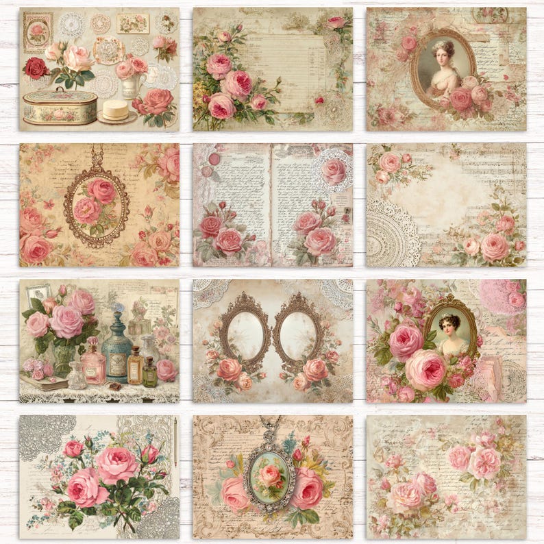 Op de afbeelding: Een collectie van twaalf rechthoekige vellen papier met vintage-stijl ontwerpen met roze rozen, sierlijke gouden lijsten, kantpatronen, handgeschreven tekst en portretten op een beige, verouderde perkamenten achtergrond.