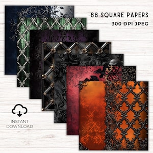 May include: A set of 88 digital papers featuring a gothic theme with intricate patterns of black metalwork, dark floral designs, and textured backgrounds in shades of green, purple, red, and orange. The papers are 300 DPI JPEG files.