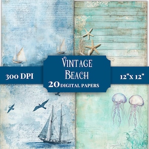 May include: A collection of 20 digital papers with a vintage beach theme. The papers feature sailboats, seagulls, starfish, and jellyfish. The papers are 12" x 12" and 300 DPI. The text "Vintage Beach" is displayed on a blue banner.