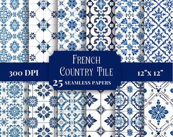 French Country Digital Paper, Blue and White Seamless Country Tiles Patterns, Printable Backgrounds for Scrapbooking, Crafts