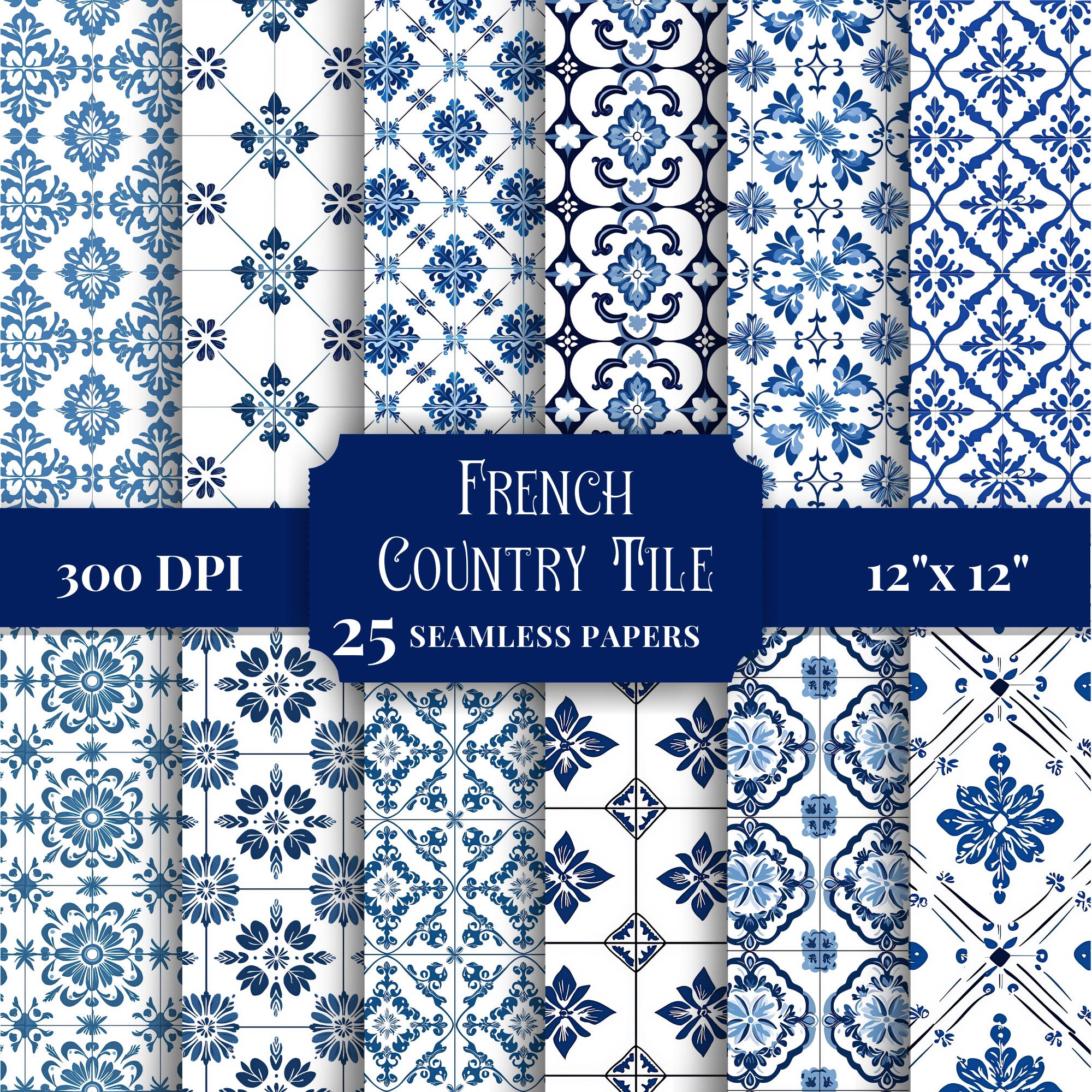 French Patterns French Country Digital Paper, Blue and White Seamless Country Tiles ...