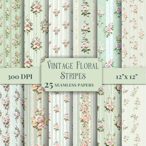 Paquet de papier numérique vintage à rayures florales, motifs sans couture pour le scrapbooking, imprimables dentelle shabby chic rétro, arrière-plans verts roses roses