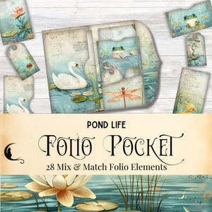 Kit folio nénuphars Pond Life, documents éphémères numériques, collage aquarelle imprimable pliable, fournitures créatives mignonnes, illustrations du cygne blanc,