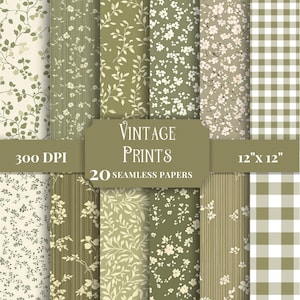 May include: A collection of 20 seamless digital papers featuring various olive green and cream patterns including floral prints, leafy vines, vertical stripes, and a gingham check. The text reads Vintage Prints, 300 DPI, 12" x 12", 20 seamless papers.