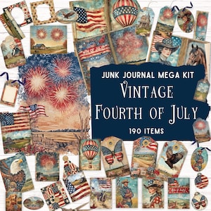 Vintage Fourth of July Junk Journal Kit, Patriotic Ephemera, Printable Folio, Red White Blue USA Scrapbook, Americana Collage Digital Paper
