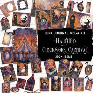 Haunted Clockwork Carnival Junk Journal Kit, Printable Pocket Folio, Cute & Spooky Gothic Halloween Ephemera, Victorian Steampunk Scrapbook