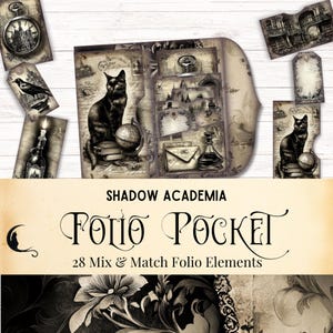 Może przedstawiać: Kieszonka folio w stylu vintage z ilustracją czarnego kota, globusem i elementami antycznymi. Projekt zawiera tekst "Shadow Academia" i "Folio Pocket" z "28 Mix & Match Folio Elements". Paleta kolorów to sepii i czarny.