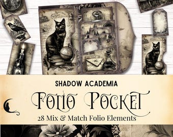 Dark Academia Junk Journal Folio Pocket Kit, druckbares gotisches viktorianisches Ephemera, Buch der Schatten, Witchy Scrapbook, DIY Bastelbedarf