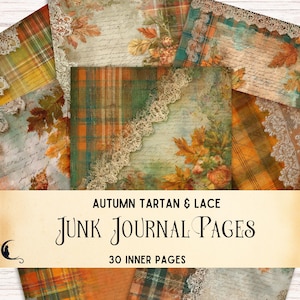 Puede incluir: Un conjunto de páginas de diario basura con temática otoñal. Las páginas presentan patrones de tartán en naranja, verde y amarillo, con bordes de encaje y motivos florales y de hojas. El texto dice "Autumn Tartan & Lace" y "Junk Journal Pages".
