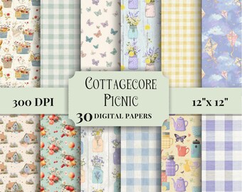 Motif pique-nique sans couture Cottagecore pastel, papier numérique, arrière-plans Vichy rétro pour travaux manuels d'été, scrapbooking, projets de bricolage, journaux indésirables