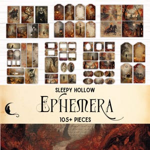 Sleepy Hollow Junk Journal Ephemera Kit, Printable Vintage Gothic Ephemera, Tags, Haunted Fall Fores Digital Scrapbook, Headless Horseman,