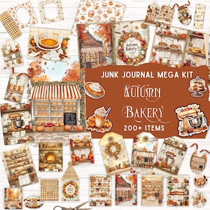 Kit de carnet de bord de boulangerie d'automne, pochette folio imprimable, produits éphémères de pâtisserie vintage, motifs sans couture, cuisine d'automne, coupes difficiles, album à faire soi-même