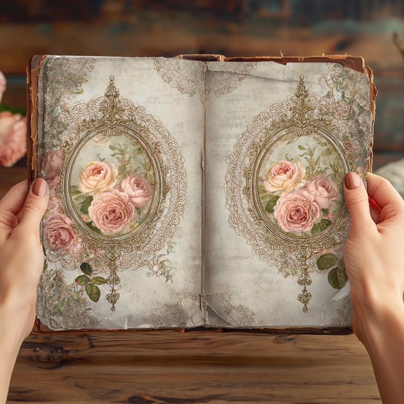 Op de afbeelding: Een open boek met verouderde, gebroken witte pagina's met een herhalend decoratief ontwerp. Elke pagina toont een centraal ovaal kader met ingewikkeld goud filigraan, omsluitend een boeket van zachtroze en perzikkleurige rozen met kantpatronen.