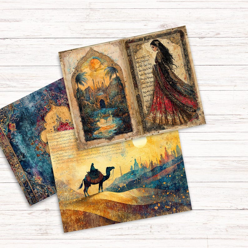 May include: Three rectangular art prints featuring intricate Middle Eastern inspired illustrations. One print shows a desert scene with a camel, another depicts a figure in a red gown, and the third displays a blue patterned border with gold accents.