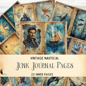 Vintage Nautik Junk Journal Seiten, Digital Ocean Scrapbook Papier, druckbare nautische Ephemera, Meerjungfrauen, druckbare Collage Sheet, Seekarten