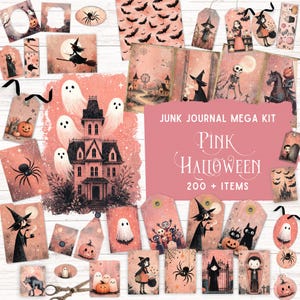 Kit de carnet rose pour Halloween, pochette folio imprimable, éphémères fantômes mignons, papier numérique gothique pastel fantaisiste, fournitures de scrapbooking effrayant