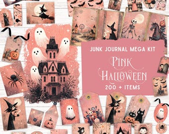 May include: A junk journal mega kit featuring over 200 pink Halloween-themed paper items, including tags, cards, and illustrations of ghosts, witches, spiders, pumpkins, skeletons, and a haunted house with the text Junk Journal Mega Kit Pink Halloween.