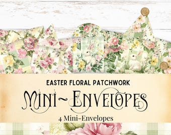 Mini envelopes de retalhos de guingão floral de Páscoa, impressão vintage chique de chalé, enfeites de papel, itens efêmeros de diário de flores da primavera