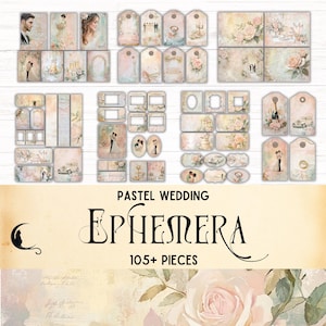 Pastelkleurige bruiloft ongewenste ephemera kit, shabby chique kantcollage, afdrukbare vintage ephemera, romantische scrapbooking kit, tags, kaarten,