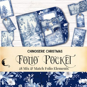 Kit folio pour journal indésirable de chinoiseries de Noël, téléchargement immédiat, pochette de rangement, poches chargées, folio pliant à trois volets vintage