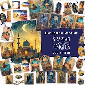 Ensemble de carnets de voyage Arabian Nights, fournitures de scrapbooking fantaisie, documents éphémères vintage imprimables, pochette folio, travaux manuels aquarelle en papier numérique