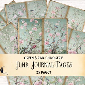 Groene en roze chinoiserie-junkjournaalkit, groen toile digitaal papier, vintage bloemen, shabby-chique saliegroene rozen Franse toile de jouy