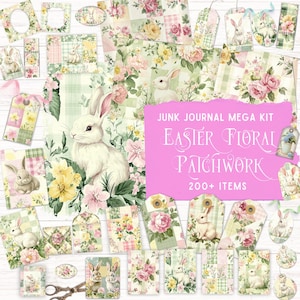 Easter Floral Gingham Patchwork Junk Journal Kit, Printable Folio Kit, Vintage Ephemera, Spring Flowers Shabby Chic Scrapbook Paper Bunny