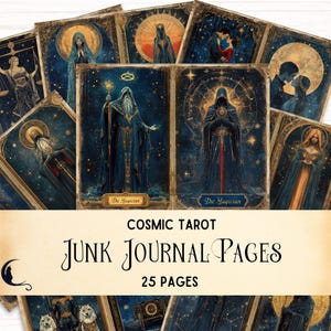 Kit de diario basura de Tarot cósmico, efímeras vintage, papel digital de Tarot celestial, kit de manualidades místicas, páginas imprimibles, suministros para álbumes de recortes de brujas