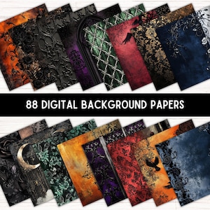 May include: A set of 88 digital background papers featuring a variety of gothic and vintage designs. The papers include patterns of black and gold, black and red, and black and green. Some papers feature a crescent moon, a raven, and a gate.