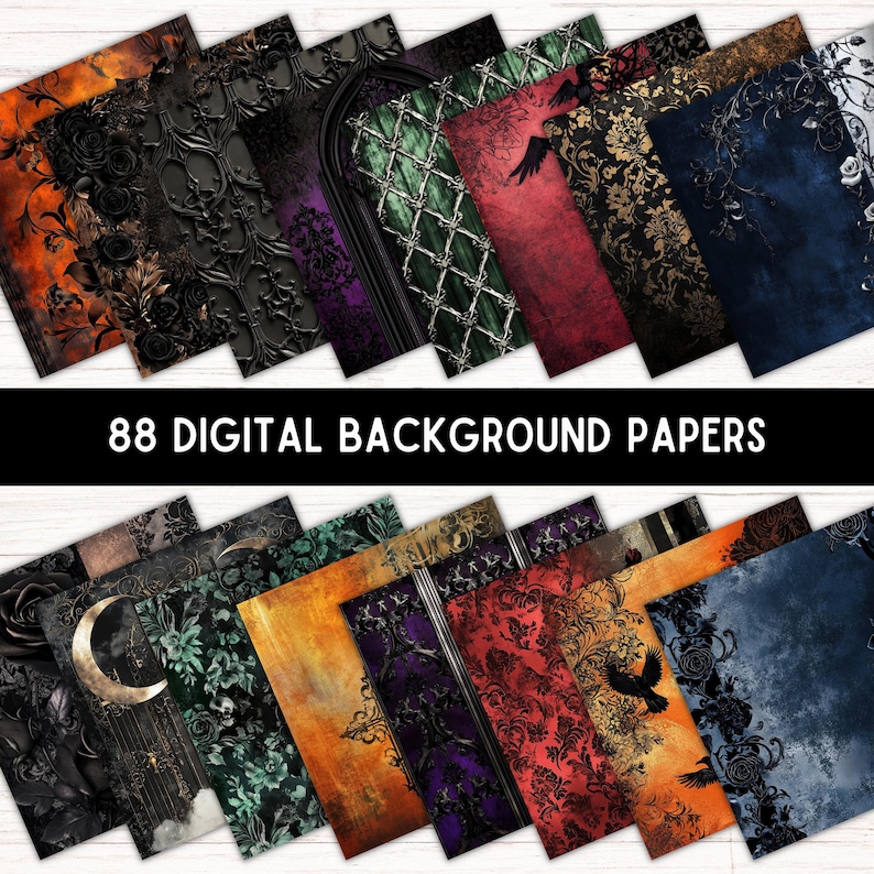 May include: A set of 88 digital background papers featuring a variety of gothic and vintage designs. The papers include patterns of black and gold, black and red, and black and green. Some papers feature a crescent moon, a raven, and a gate.