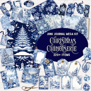 Chinoiserie Weihnachten Junk Journal Kit, Blaues und weißes Weihnachtspapier, Französisches Toile De Jouy Digitales Papier, Blaues Weihnachten Ephemera