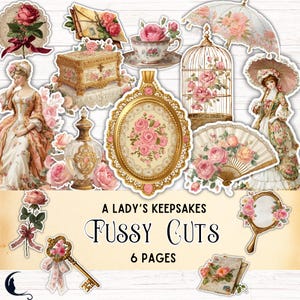 Puede incluir: Una colección de recortes de papel de estilo vintage con rosas, marcos dorados ornamentados, una jaula, un espejo de mano, una llave, un frasco de perfume y figuras con ropa de época. El texto dice A LADY'S KEEPSAKES FUSSY CUTS 6 PAGES.