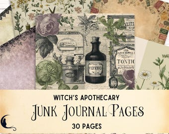 Witch's Apothecary Junk Journal Filler Pages, Botanical Ephemera, Printable Scrapbook Backgrounds, Vintage Herbal Potions DIY Craft Supplies