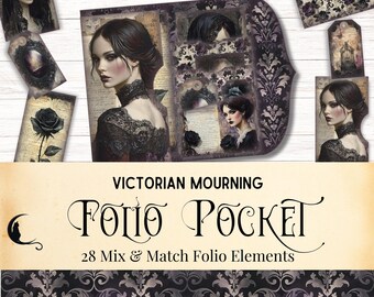 May include: A collection of Victorian mourning themed paper craft elements including a folio pocket, tags, and portraits of individuals in black lace attire. The text reads Victorian Mourning Folio Pocket 28 Mix & Match Folio Elements.