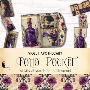Kit de fólio de boticário roxo, scrapbook botânico gótico vintage, itens efêmeros para impressão digital, suprimentos de diário de lixo de poções de bruxa verde de ervas