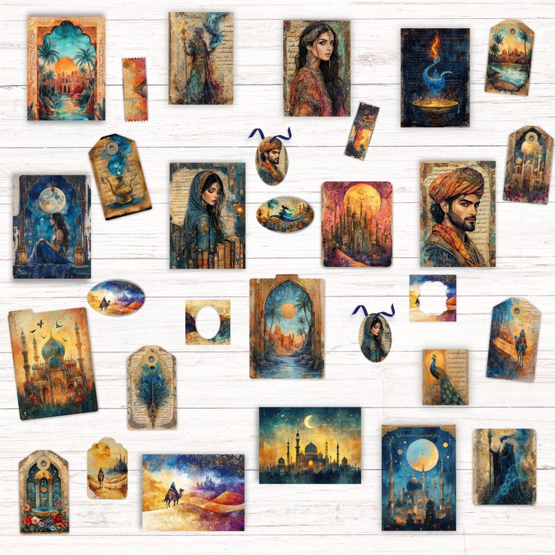 May include: A collection of rectangular, oval, and tag-shaped paper ephemera featuring diverse illustrations of desert landscapes, ornate palaces, mystical figures, and celestial scenes in vibrant blue, gold, orange, and deep purple color palettes.