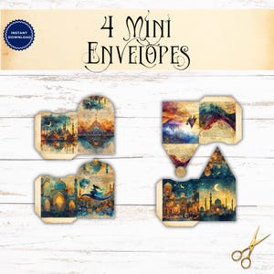 May include: Four mini envelopes featuring vibrant, artistic illustrations of Middle Eastern architecture, desert landscapes, and a figure on a flying carpet under a crescent moon. The text 4 MINI ENVELOPES is displayed at the top of the image.