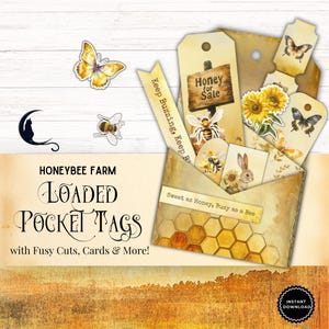 Honeybee Farm Loaded Pocket Tags, Printable Junk Journal Ephemera, Fussy Cuts Vintage Rustic Nature Scrapbook Supplies Sunflowers Bees Honey